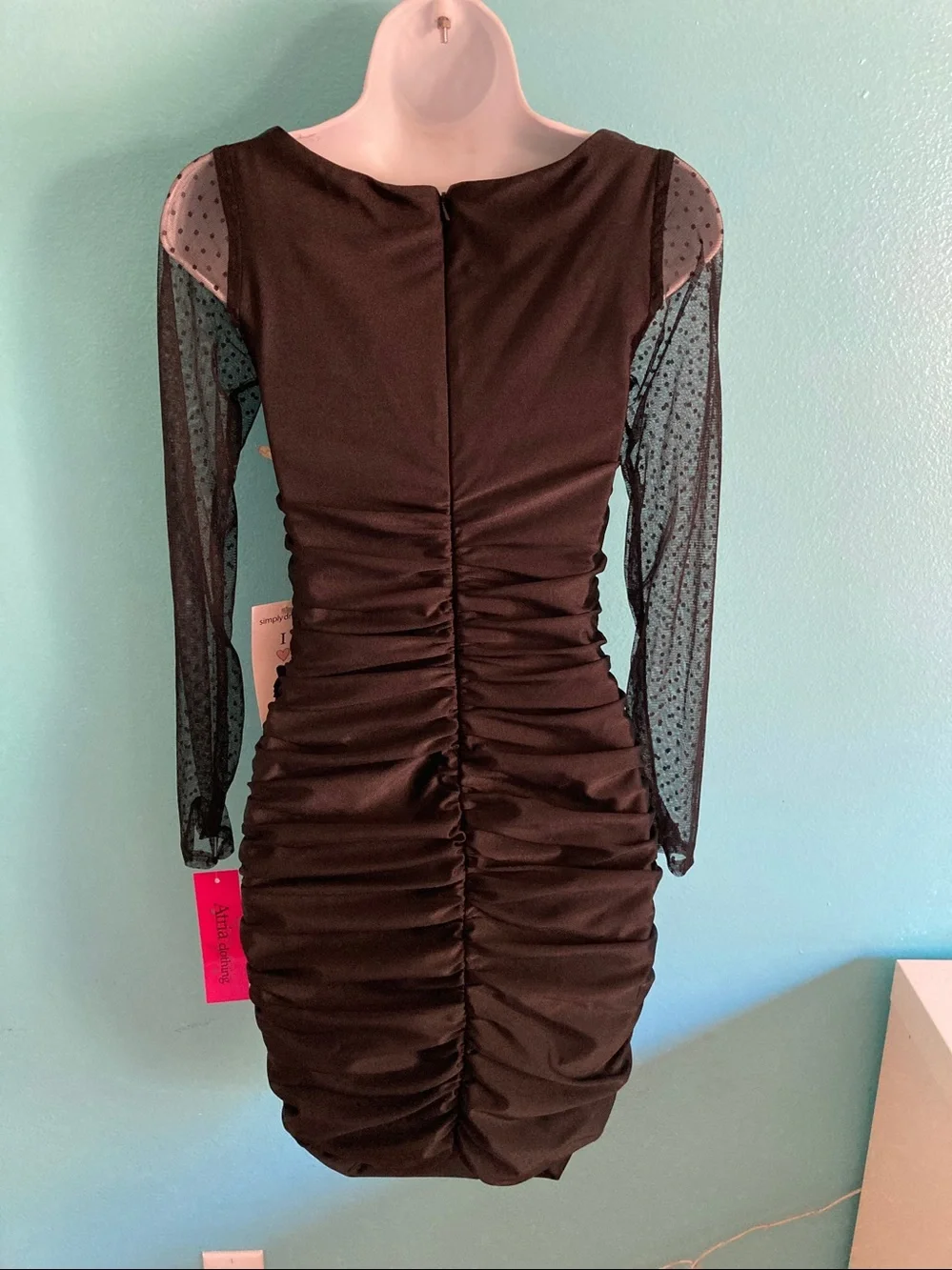 VINTAGE Deadstock NWT Atria Black Ruched Mesh Illusion Bodycon Prom Mini Dress M